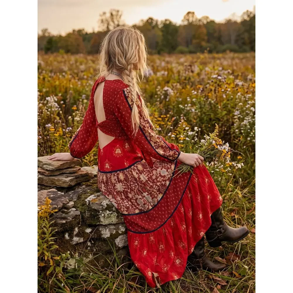 Free People Bohemian Gypsy Witchy Bali Laurel Maxi Dress Medium Patchwork 70s